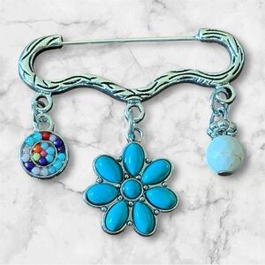 Silver and Turquoise Brooch with Multicolor Accents